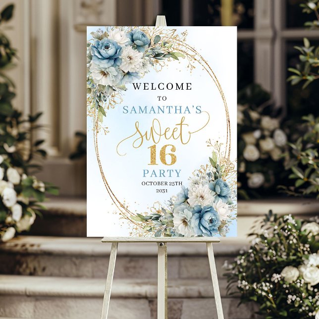Schick Staubig Blau Grün Süße 16 Willkommen Poster (Chic Dusty Blue Greenery Sweet 16 Welcome)