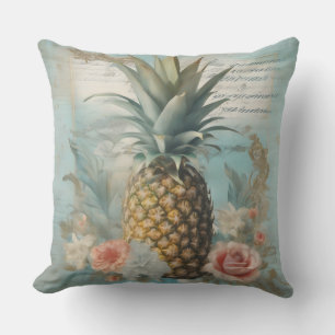 Schick und schöne Vintage-Ananas Kunst Aqua-Blau Kissen