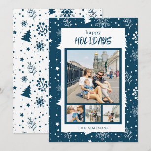 Schicke 4-Foto-Collage Blaue Happy Holidays Karte