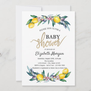Schicke Aquarell-Limonien Oliven Baby Shower Einladung