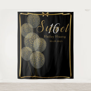 Schicke Black n Gold Sweet 16 Geburtstags-Fotokuli Wandteppich