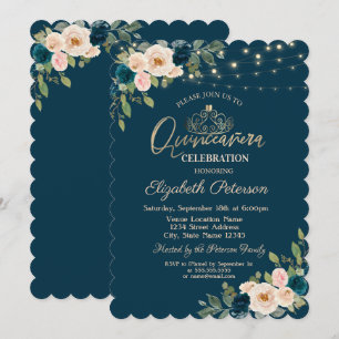 Schicke blaue Blumen-Lichterkette Quinceañera Einladung