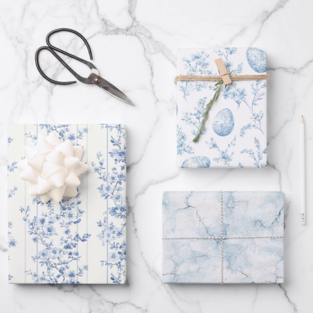 Schicke blaue Blumen-Oster-Eier Geschenkpapier Set (Vorderseite)