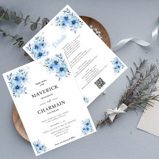 Schicke blaue Blumenhochzeit vorne und hinten Einladung