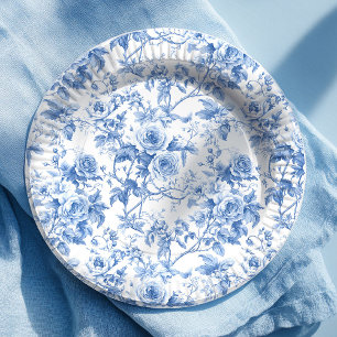 Schicke blaue französische Toile-Rosen Blumen-Papi Pappteller