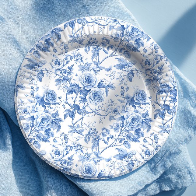 Schicke blaue französische Toile-Rosen Blumen-Papi Pappteller (Chic Blue French Toile Roses Floral Paper Plates)