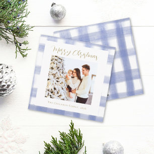 Schicke blaue Gingham-Karo-Familien-Weihnachtsfoto Feiertagskarte