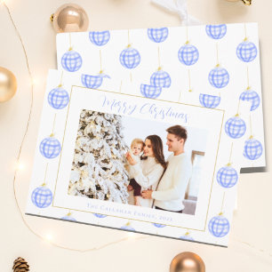 Schicke blaue Gingham-Karo-Familien-Weihnachtsfoto Feiertagskarte