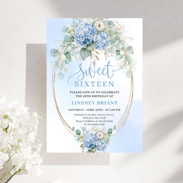 Schicke blaue Hortensien Eukalyptus Gold 16. Gebur Einladung (Chic Blue Hydrangea Eucalyptus Gold 16th Birthday Invitation)