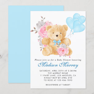 Schicke blaue rosa graue Blumen Teddybär Babyparty Einladung