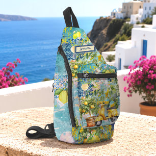 Schicke blaue sizilianische Zitrus-Blumen-Fliesen- Crossbody Bag