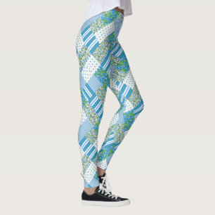 Schicke blaue Trichterwinden-Faux-Patchwork-Muster Leggings