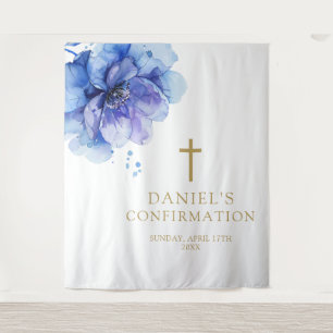 Schicke blaue Wasserfarben-Blumen-Konfirmationskul Wandteppich
