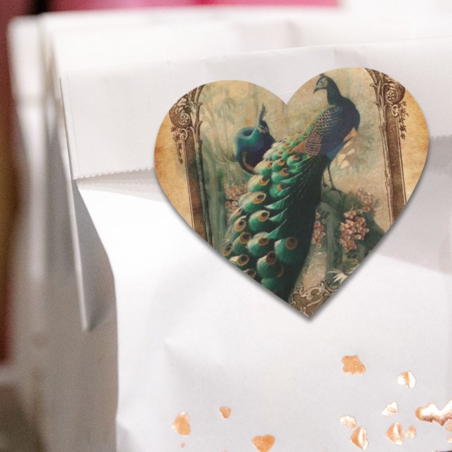 schicke, blumengeschmückte französische Landschaft Herz-Aufkleber (chic floral french country modern vintage peacock heart sticker)
