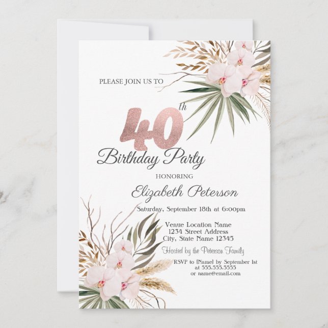 Schicke Boho Blumen 40. Geburtstag Einladung (Vorderseite)