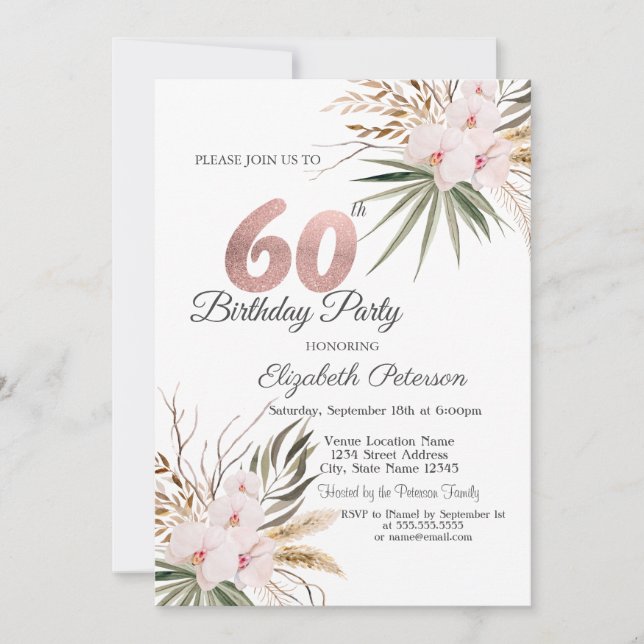Schicke Boho-Blumen 60. Geburtstag Einladung (Vorderseite)