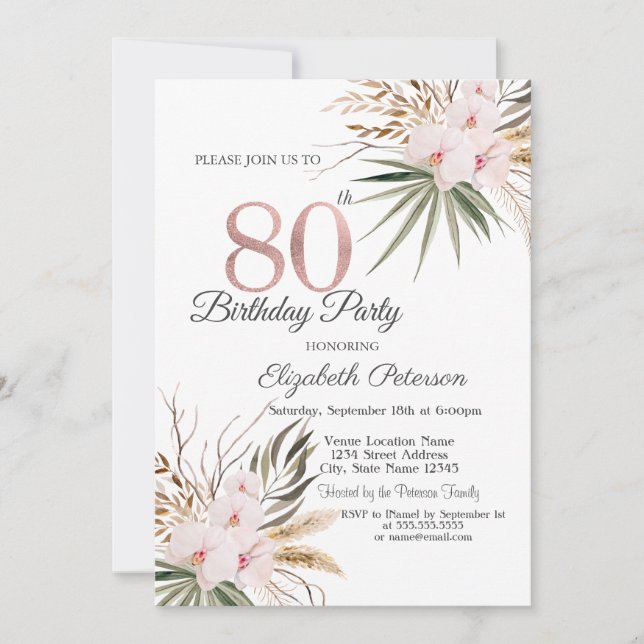 Schicke Boho-Blumen 80. Geburtstag Einladung (Vorderseite)