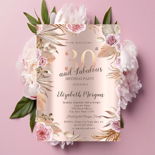 Schicke Boho Blumen Rosen Gold 30. Geburtstag Einladung