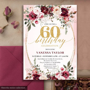 Schicke Boho-Marone-Gold-Blumen-Einladung zum 60. Einladung