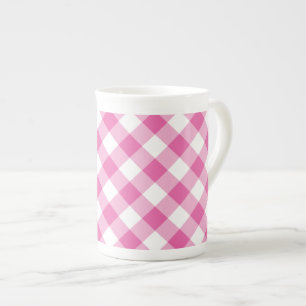 Schicke Bone China Tasse: Rosa-Weiß kariert Gingha Prozellantasse