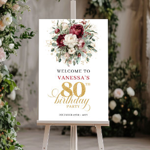 Schicke bordeauxrote Floral 80. Geburtstags-Willko Poster