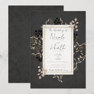 Schicke botanische Blätter Grau Rosa Gold Hochzeit Einladung