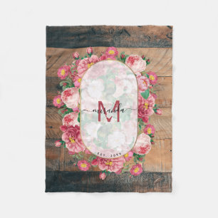 Schicke botanische Vintage-Kranz-Monogramm-Holz Fleecedecke