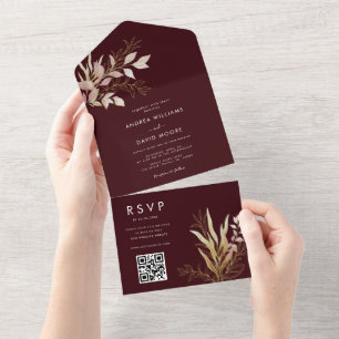 Schicke Burgund Gold Grünpflanzen QR-Code RSVP Hoc All In One Einladung