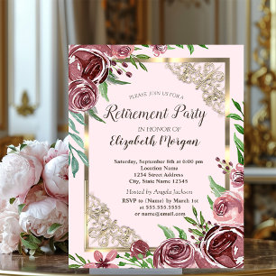 Schicke Burgunderrosen Goldrahmen Ruhestand  Einladung