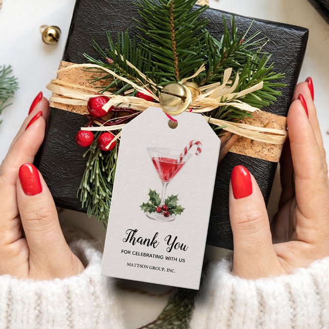 Schicke Candy Cane Martini Weihnachtsgeschenk Geschenkanhänger (Chic red martini glass with holly, berries and a candy cane on these Christmas Thank You favor tags)