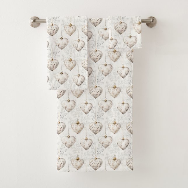 Schicke Creme-Grau-Herzen-Ornamente   Badhandtuch Set (Insitu)