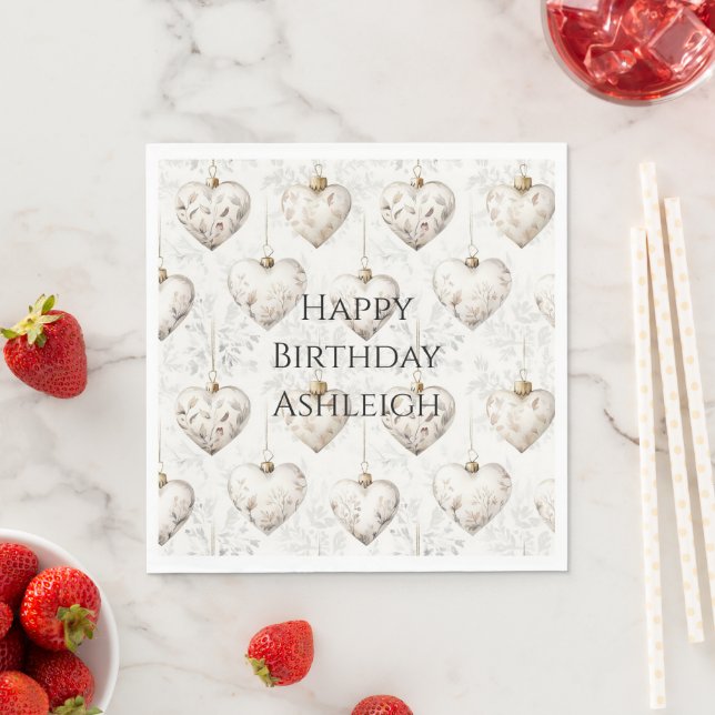 Schicke Creme-Grau-Herzen-Ornamente Geburtstag Serviette (Beispiel)