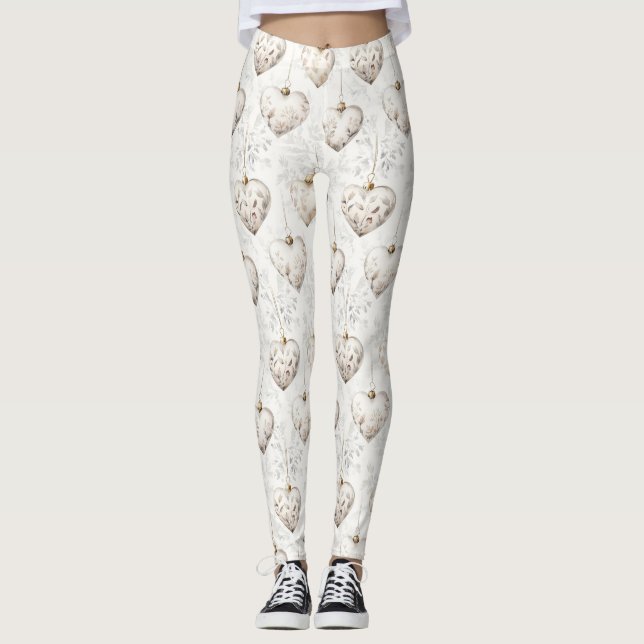 Schicke Creme-Grau-Herzen-Ornamente Leggings (Vorderseite)