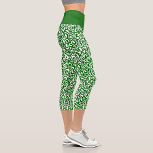Schicke dunkelgrün-weiße Damast-Blumen-Kunstmuster Capri Leggings