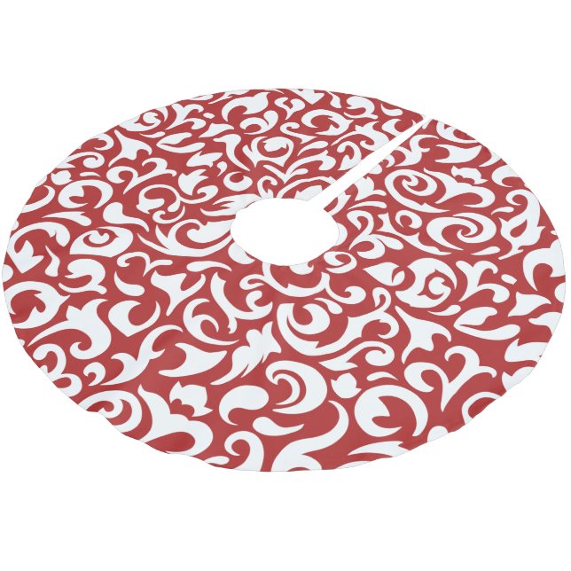 Schicke dunkelrote weiße Damast-Blumen-Kunstmuster Polyester Weihnachtsbaumdecke (Schrägansicht)