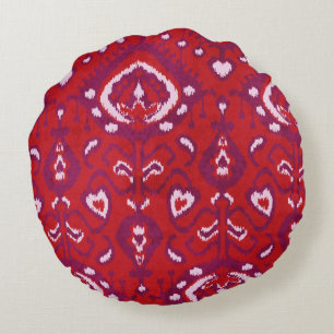 Schicke farbenfrohe rote und violette Ikat-Stammes Rundes Kissen