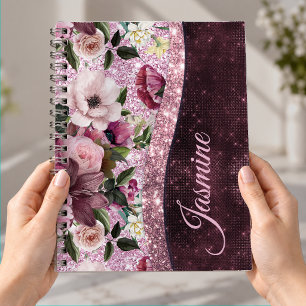 Schicke floral burgunderrote pink violette glitzer notizblock