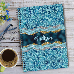 Schicke, florale, glitzernde Teal Türkis-Monogramm Notizbuch