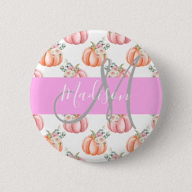 Schicke Florale Weiße Pinke Pfirsich-Kürbis-Monogr Button (Vorderseite)