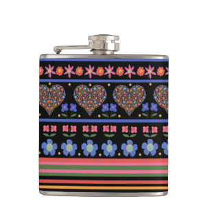 Schicke Folk-Art-Stil-Grenze auf Schwarz: Taschenf Flachmann