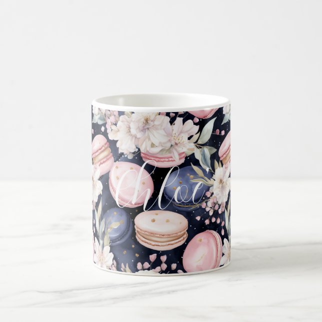 Schicke französische blaue rosa Macarons Kaffeetasse (Mittel)