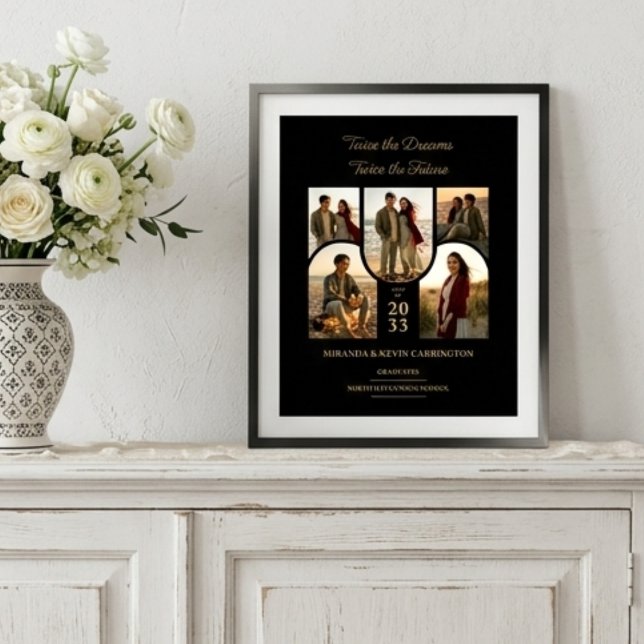Schicke gebogene Collage Double Grads Twins TMF26 Poster (Stylish Double Graduation Poster with Five Arched Photo Placeholders and Luxury Gold Effect Accents.)