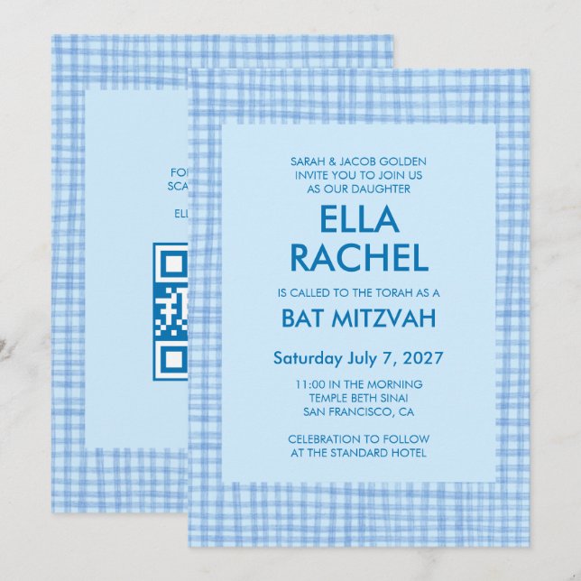 Schicke Gingham-Moderne benutzerdefinierte QR-CODE Einladung (Vorne/Hinten)