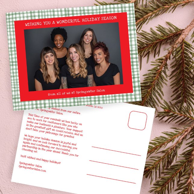 Schicke Gingham Rot Grün Weihnachten Custom Geschä (Chic Gingham Red Green Christmas Custom Photo Business Corporate Office Holiday Postcard
)