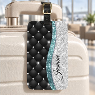 Schicke, girly, falsche Silber-Glitter Schwarz Tea Gepäckanhänger