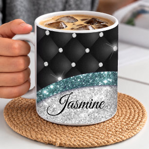 Schicke, girly, falsche Silber-Glitter-Schwarz-Tea Kaffeetasse
