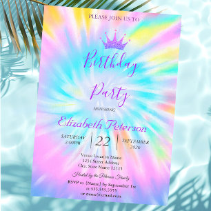 Schicke Glitter-Tiara Tie Dye Geburtstag Einladung