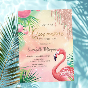Schicke Glitter-Tropfen rosa Flamingos Quinceañera Einladung