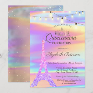 Schicke glitzernde Eiffelturm-Holografie-Quinceañe Einladung
