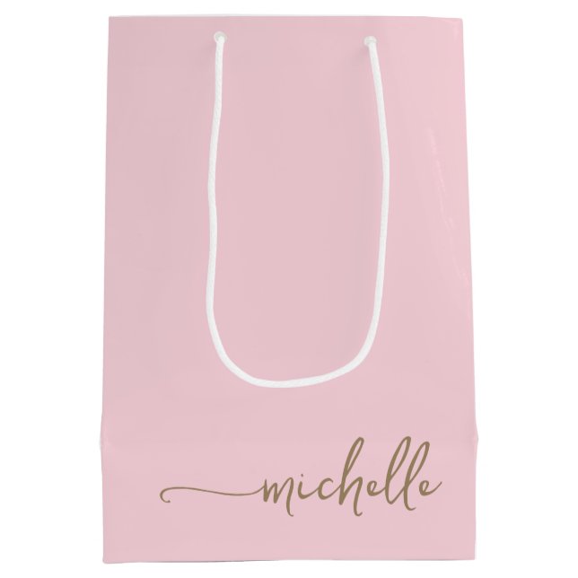 Schicke Gold-Monogramm-Name-Script-Blush-Rosa Mittlere Geschenktüte (Rückseite)